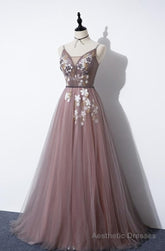 Charming V-neckline Flowers Dark Pink Prom Gown, Long Formal Dress